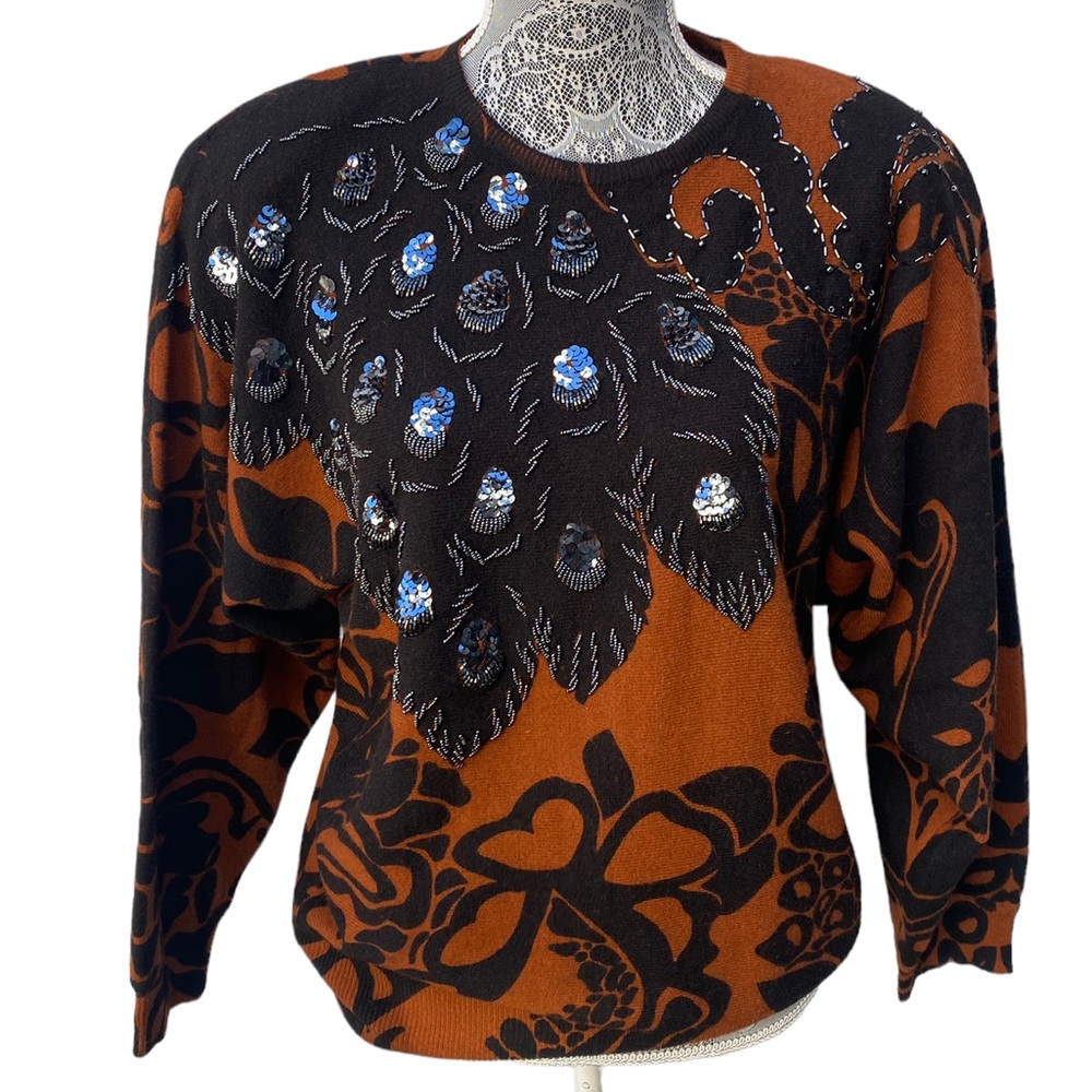 Vintage Brown & Black Sequined Festive Wool Sweater by Eminent, Vintage Sweater
